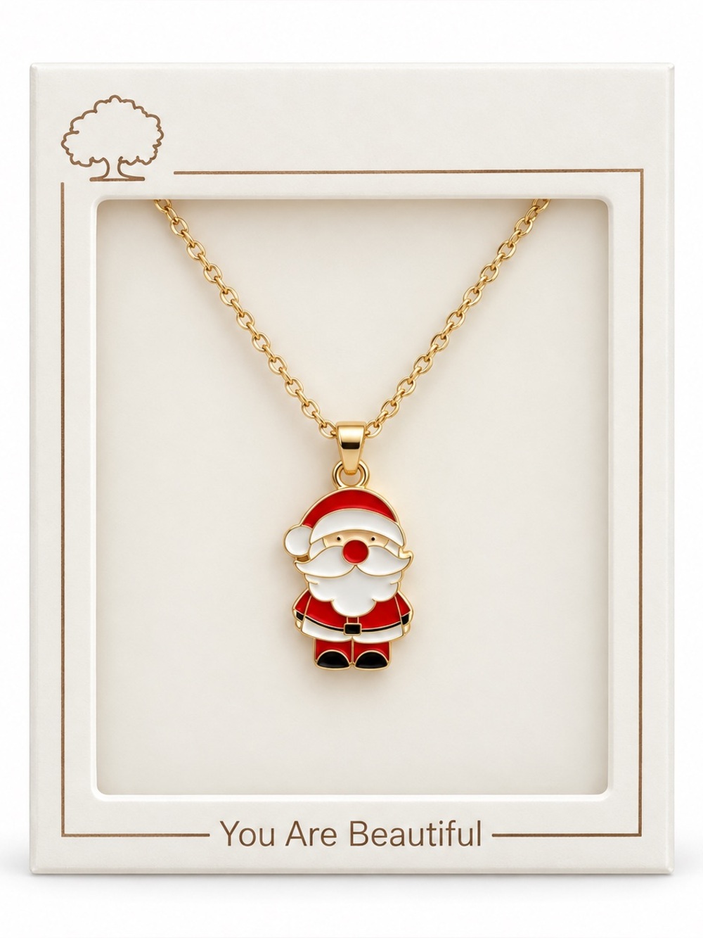 Santa Claus Red Hat St. Nick Christmas Tree Ho Ho Ho  16" Gold Metal Necklace